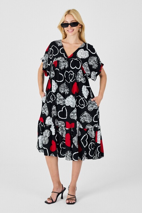 Kırmızı-Siyah V Yaka Oversize Kesim Desenli Çift Cepli Volanlı Elbise