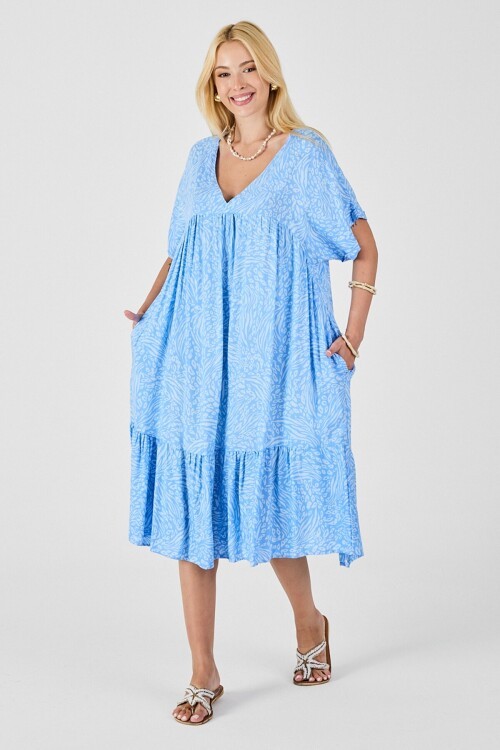 Buz Mavi V Yaka Oversize Kesim Desenli Çift Cepli Volanlı Elbise