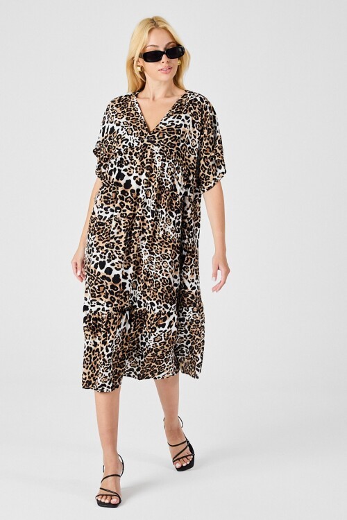 Leopar V Yaka Oversize Kesim Desenli Çift Cepli Volanlı Elbise