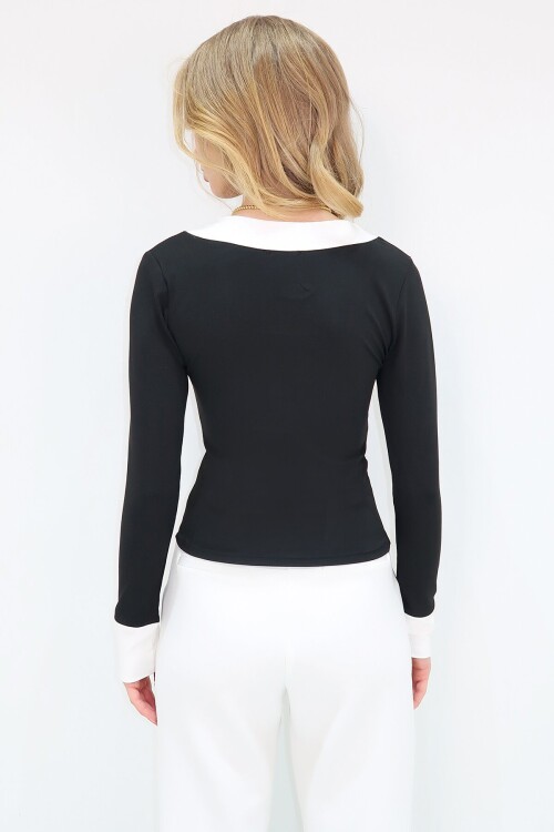 Siyah V Yaka Renk Bloklu Bluz