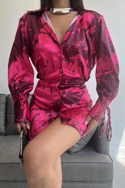 Fuşya Vatkalı Manşet Detaylı Gömlek Elbise