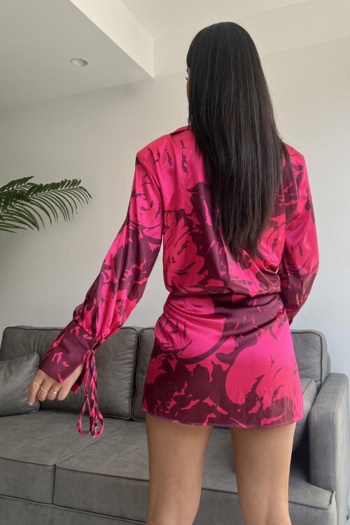 Fuşya Vatkalı Manşet Detaylı Gömlek Elbise