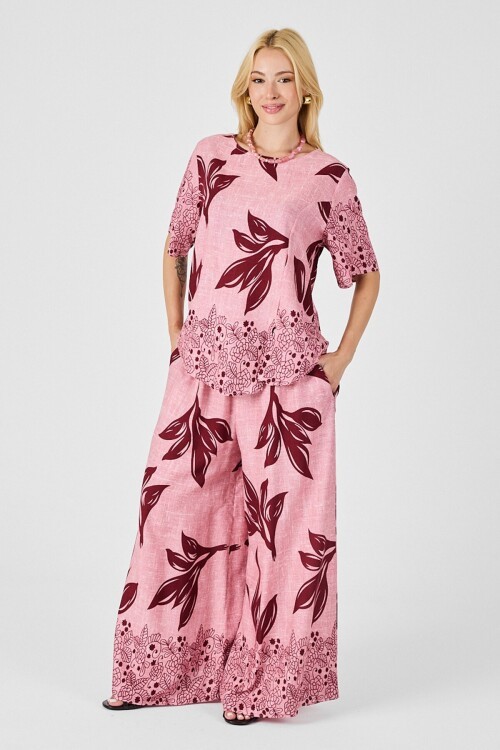 Mürdüm-Çiçek Yaprak Desenli Oversize Bluz Ve Bol Paça Pantolon Takım