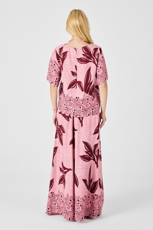 Mürdüm-Çiçek Yaprak Desenli Oversize Bluz Ve Bol Paça Pantolon Takım