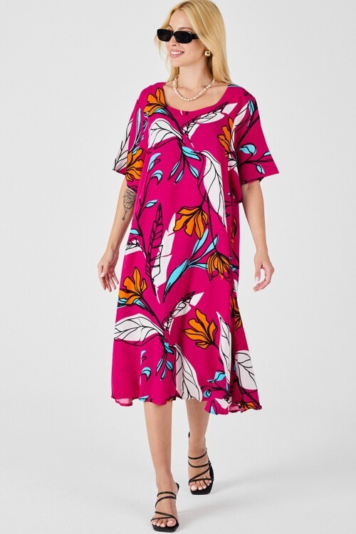 Fuşya Yaprak Desenli U Yaka Kısa Kollu Midi Boy Elbise