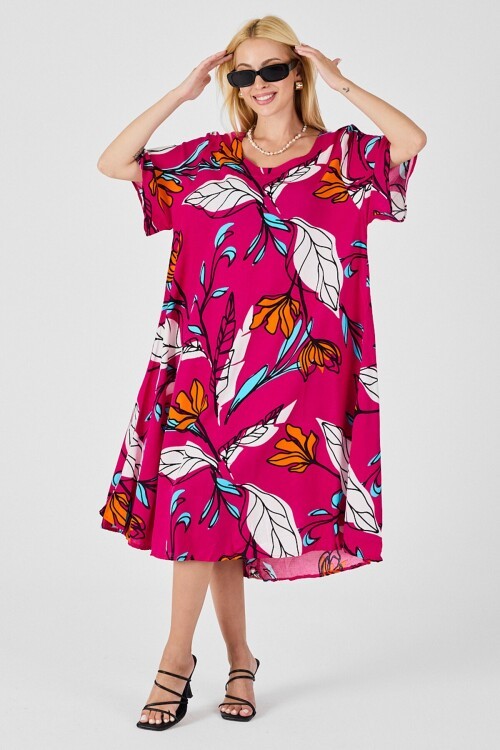 Fuşya Yaprak Desenli U Yaka Kısa Kollu Midi Boy Elbise