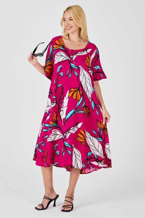 Fuşya Yaprak Desenli U Yaka Kısa Kollu Midi Boy Elbise