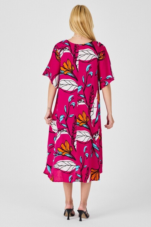 Fuşya Yaprak Desenli U Yaka Kısa Kollu Midi Boy Elbise