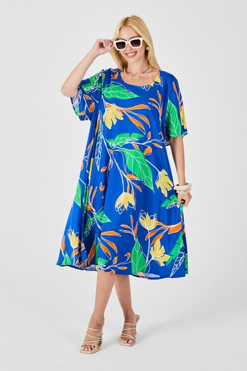 Saks Yaprak Desenli U Yaka Kısa Kollu Midi Boy Elbise