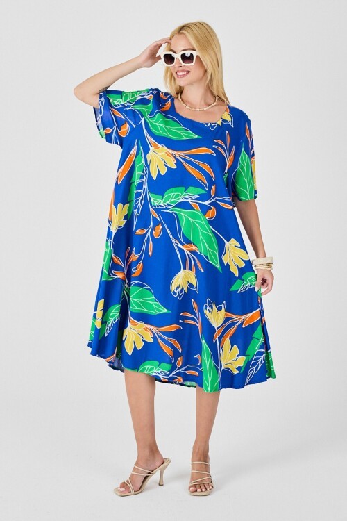 Saks Yaprak Desenli U Yaka Kısa Kollu Midi Boy Elbise