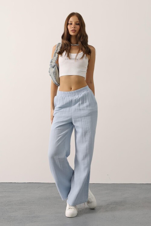 Bebe Mavisi Yıkamalı Müslin Pantolon