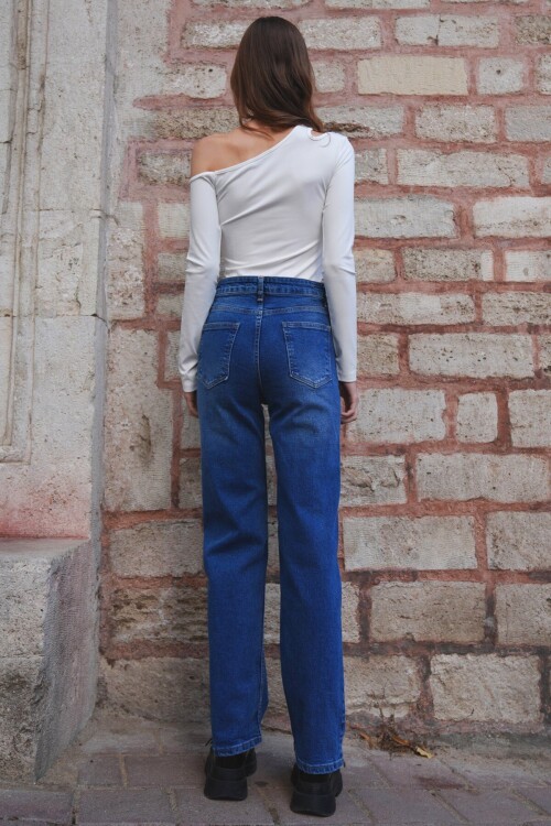 5 Cepli Eskitmeli Yüksek Bel Düz Paça Jean