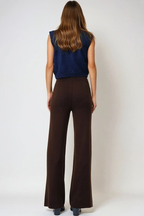 Acı Kahve Yüksek Bel Beli Lastikli Triko Palazzo Pantolon