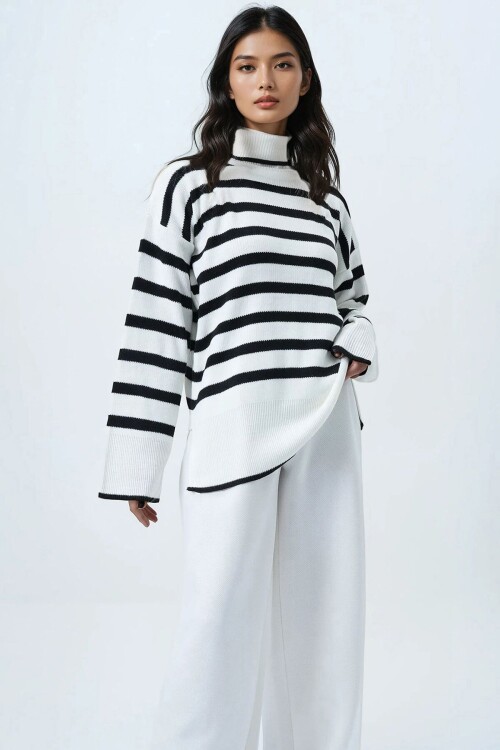 Balıkçı Yaka Çizgili Oversize Triko Kazak