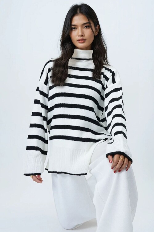 Balıkçı Yaka Çizgili Oversize Triko Kazak