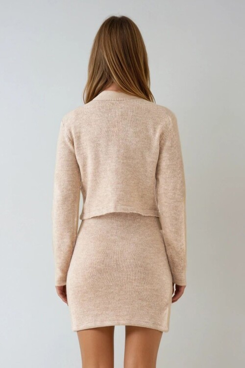 Bej Kısa Kollu Triko Mini Elbise Ve Düğmeli Hırka Takım