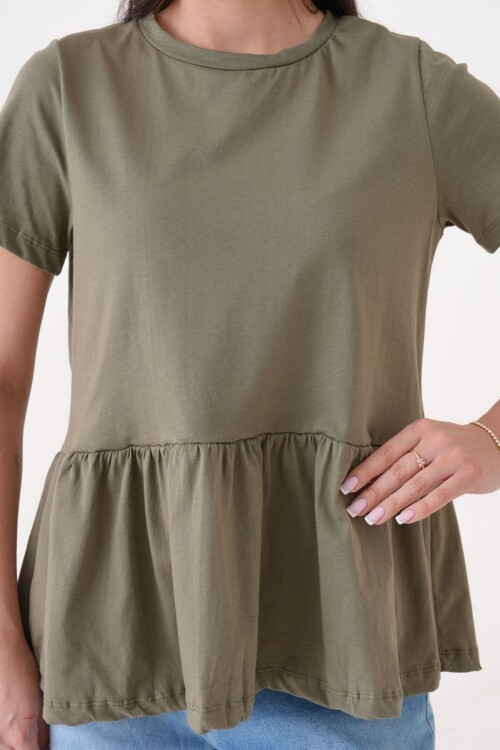 Haki Bel Altı Volanlı Bisiklet Yaka Bluz
