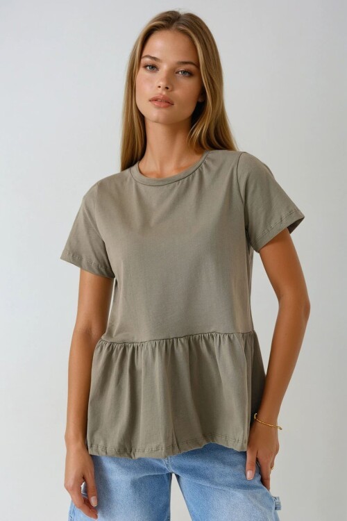 Haki Bel Altı Volanlı Bisiklet Yaka Bluz