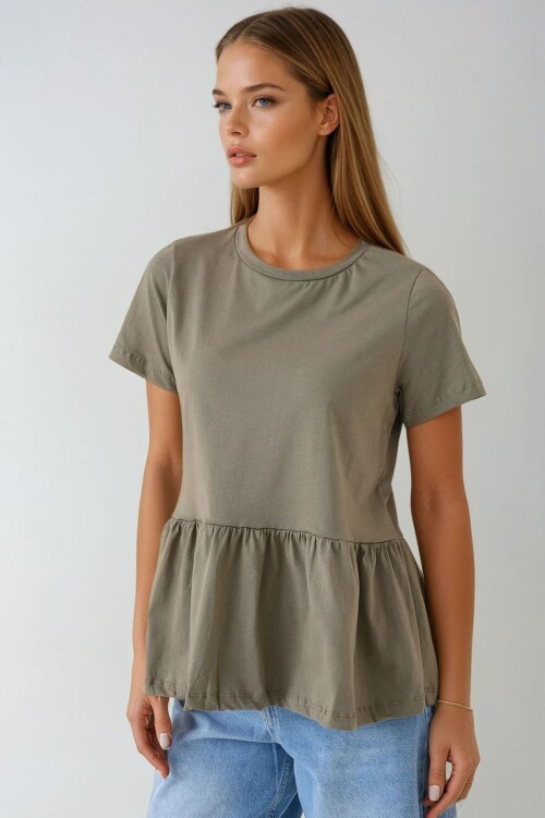 Haki Bel Altı Volanlı Bisiklet Yaka Bluz