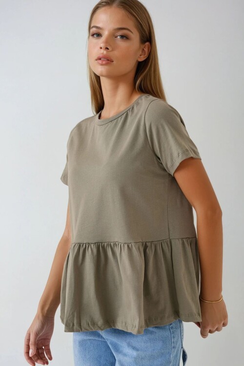 Haki Bel Altı Volanlı Bisiklet Yaka Bluz