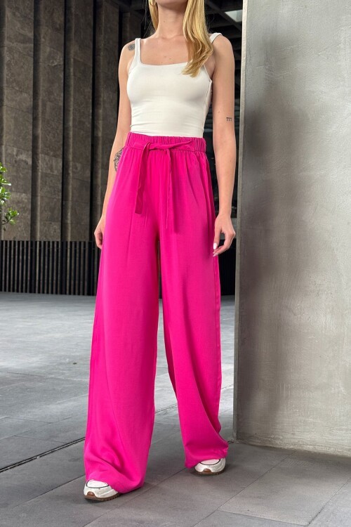 Fuşya Beli Lastikli Bağcıklı Yüksek Bel Bol Paça Pantolon