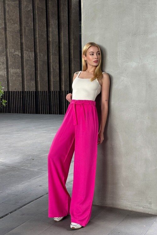 Fuşya Beli Lastikli Bağcıklı Yüksek Bel Bol Paça Pantolon