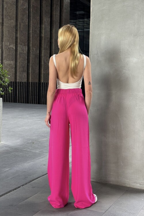 Fuşya Beli Lastikli Bağcıklı Yüksek Bel Bol Paça Pantolon