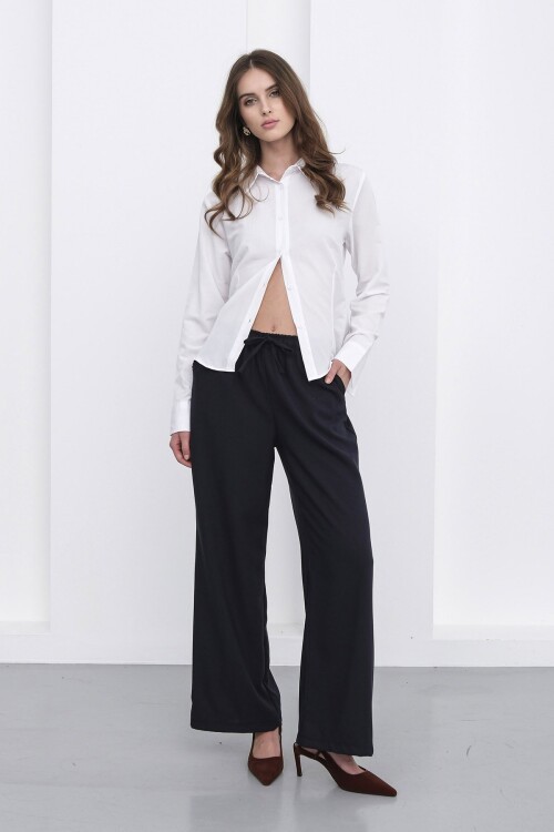 Beli Lastikli Çift Cepli Geniş Paça Pantolon