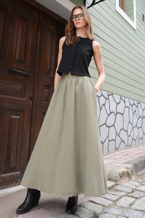 Beli Lastikli Kemer Detaylı Çift Cepli Midi Boy Etek