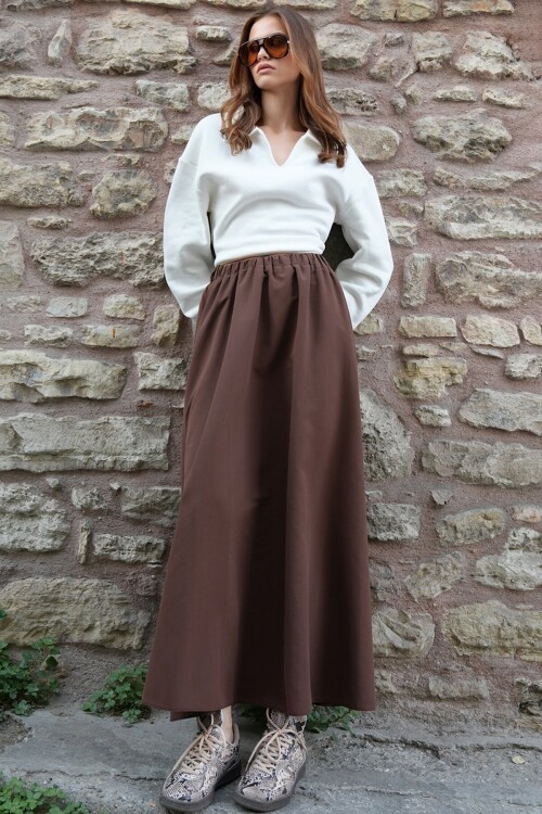 Beli Lastikli Kemer Detaylı Çift Cepli Midi Boy Etek