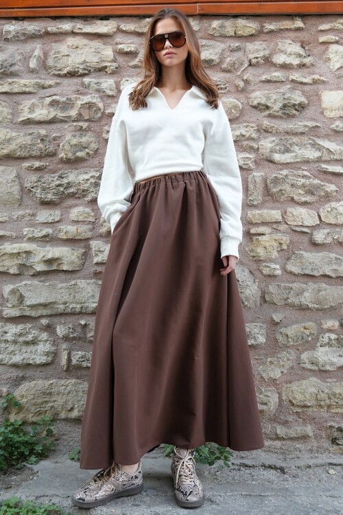 Beli Lastikli Kemer Detaylı Çift Cepli Midi Boy Etek