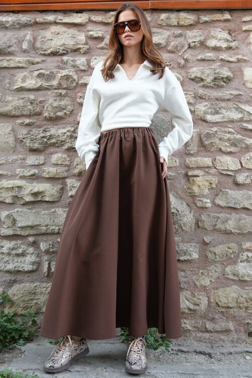 Beli Lastikli Kemer Detaylı Çift Cepli Midi Boy Etek