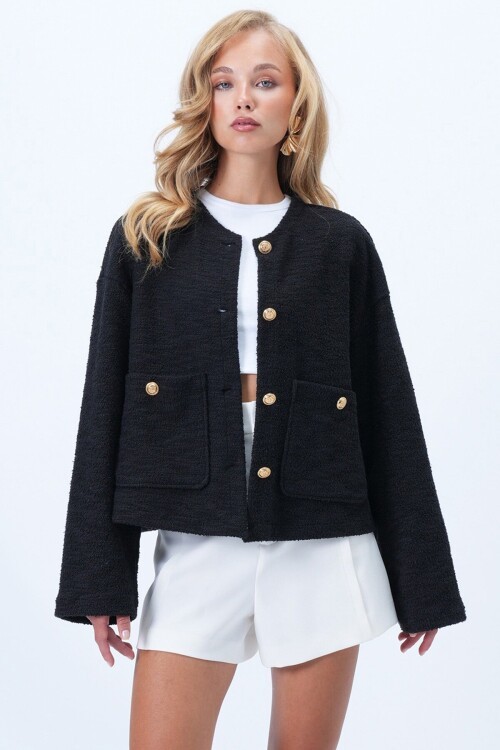 Bisiklet Yaka Çift Cepli Dokulu Ceket