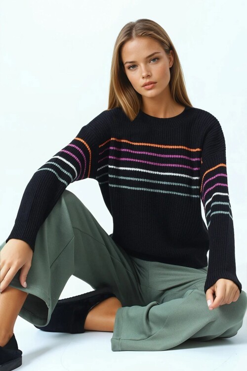 Bisiklet Yaka Çizgili Triko Kazak