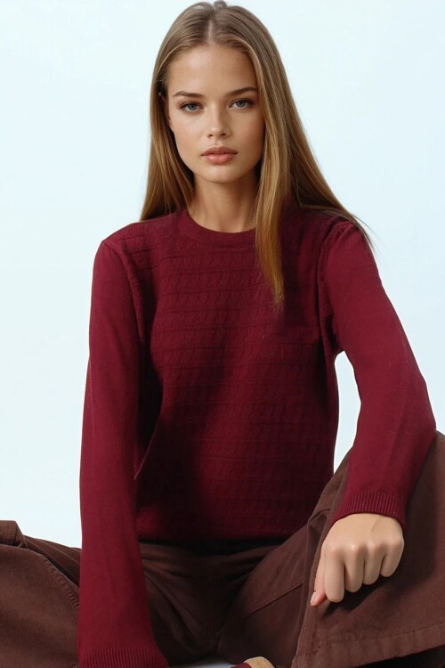 Bisiklet Yaka Dokulu Örgü Desenli Uzun Kollu Triko Bluz