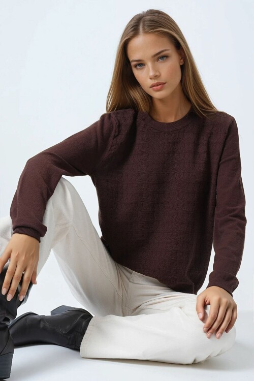 Bisiklet Yaka Dokulu Örgü Desenli Uzun Kollu Triko Bluz