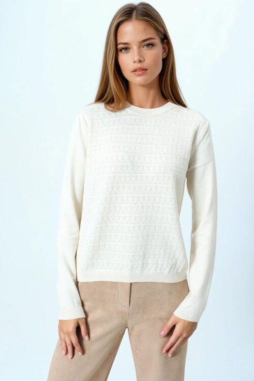 Bisiklet Yaka Dokulu Örgü Desenli Uzun Kollu Triko Bluz