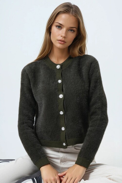 Bisiklet Yaka Düğme Kapamalı Püskülü Hırka