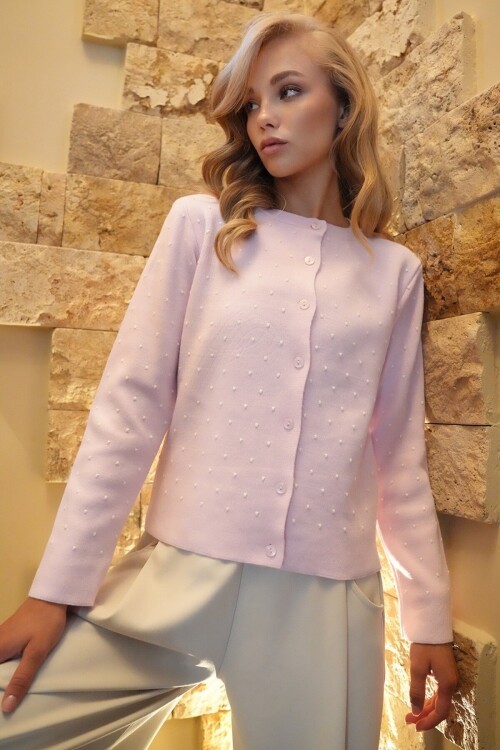 Bisiklet Yaka Düğmeli Mini Nakışlı Triko Hırka