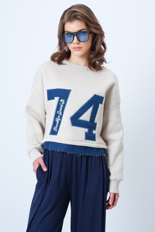 Bisiklet Yaka Jean Garneli Ve Nakışlı Şardonlu Tasarım Sweatshirt