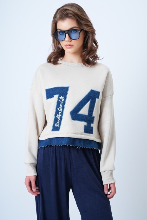 Bisiklet Yaka Jean Garneli Ve Nakışlı Şardonlu Tasarım Sweatshirt