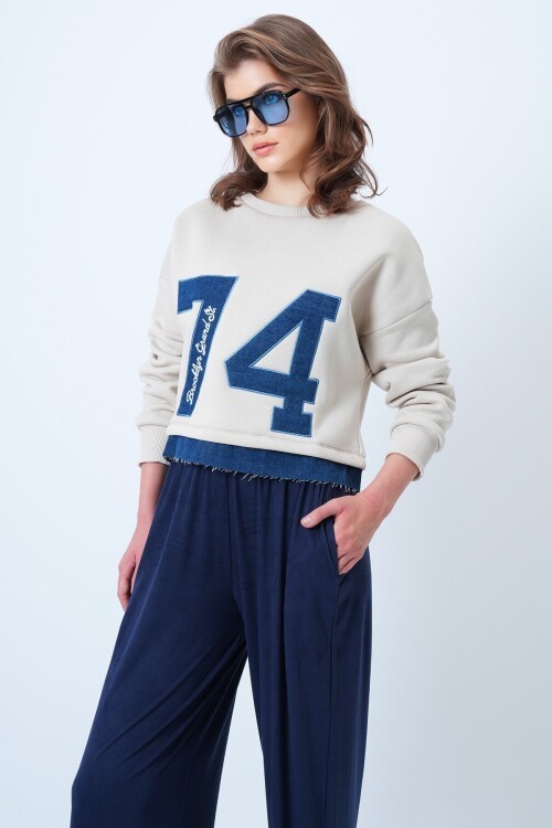 Bisiklet Yaka Jean Garneli Ve Nakışlı Şardonlu Tasarım Sweatshirt