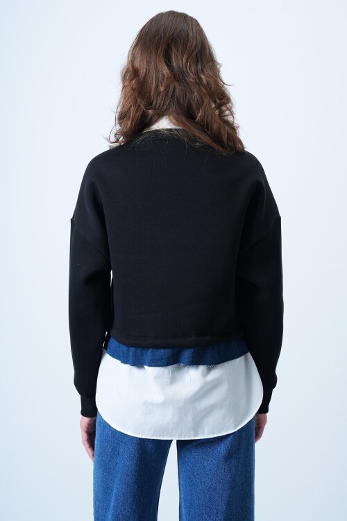 Bisiklet Yaka Jean Garneli Ve Nakışlı Şardonlu Tasarım Sweatshirt