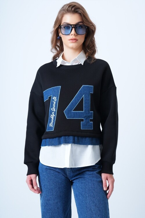 Bisiklet Yaka Jean Garneli Ve Nakışlı Şardonlu Tasarım Sweatshirt