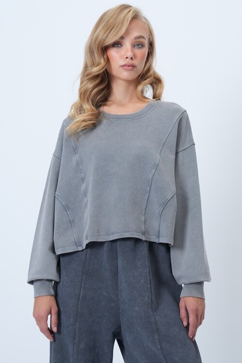 Bisiklet Yaka Nervür Dikişli Yıkamalı Likralı Modal Sweatshirt