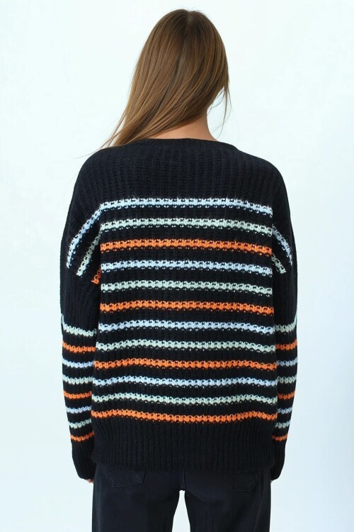 Bisiklet Yaka Örgü Detaylı Çizgili Triko Kazak