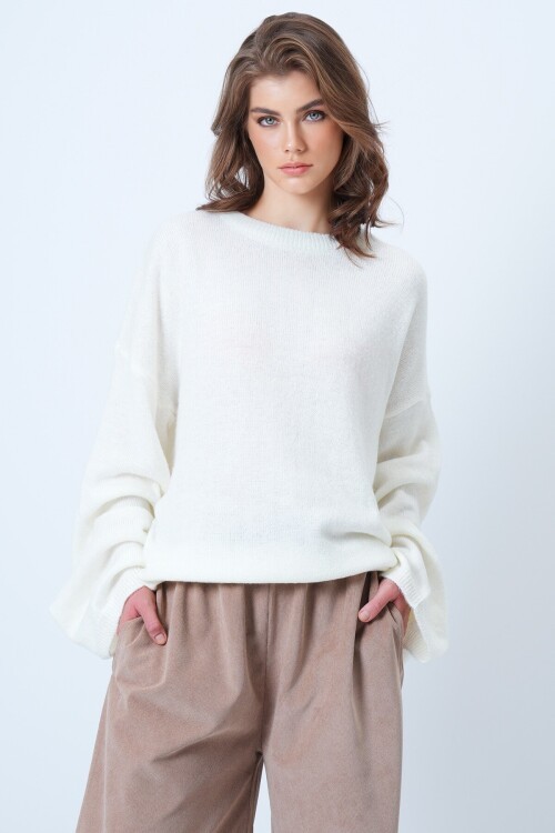 Bisiklet Yaka Oversize Yün Karışımlı Triko Kazak