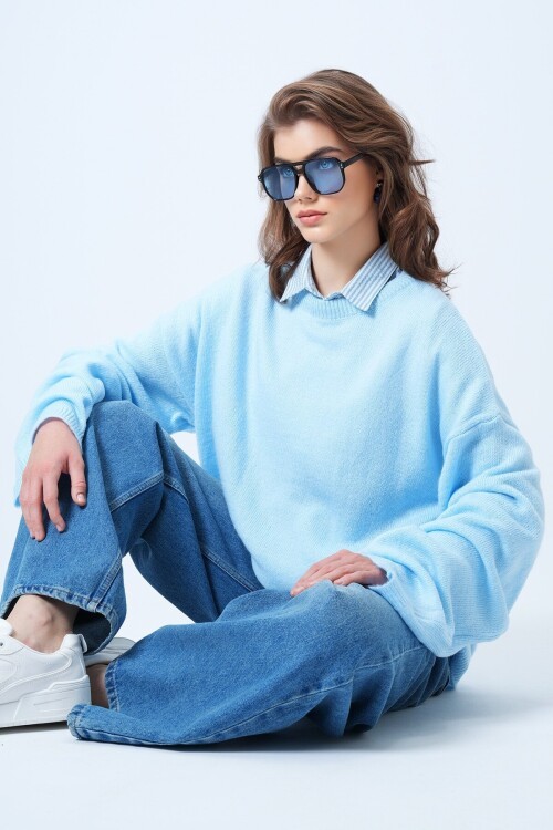 Bisiklet Yaka Oversize Yün Karışımlı Triko Kazak