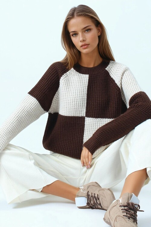 Bisiklet Yaka Renk Bloklu Dokulu Triko Kazak