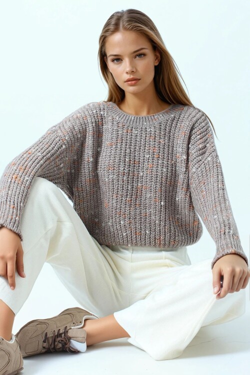 Bisiklet Yaka Renkli Nokta Desenli Triko Kazak